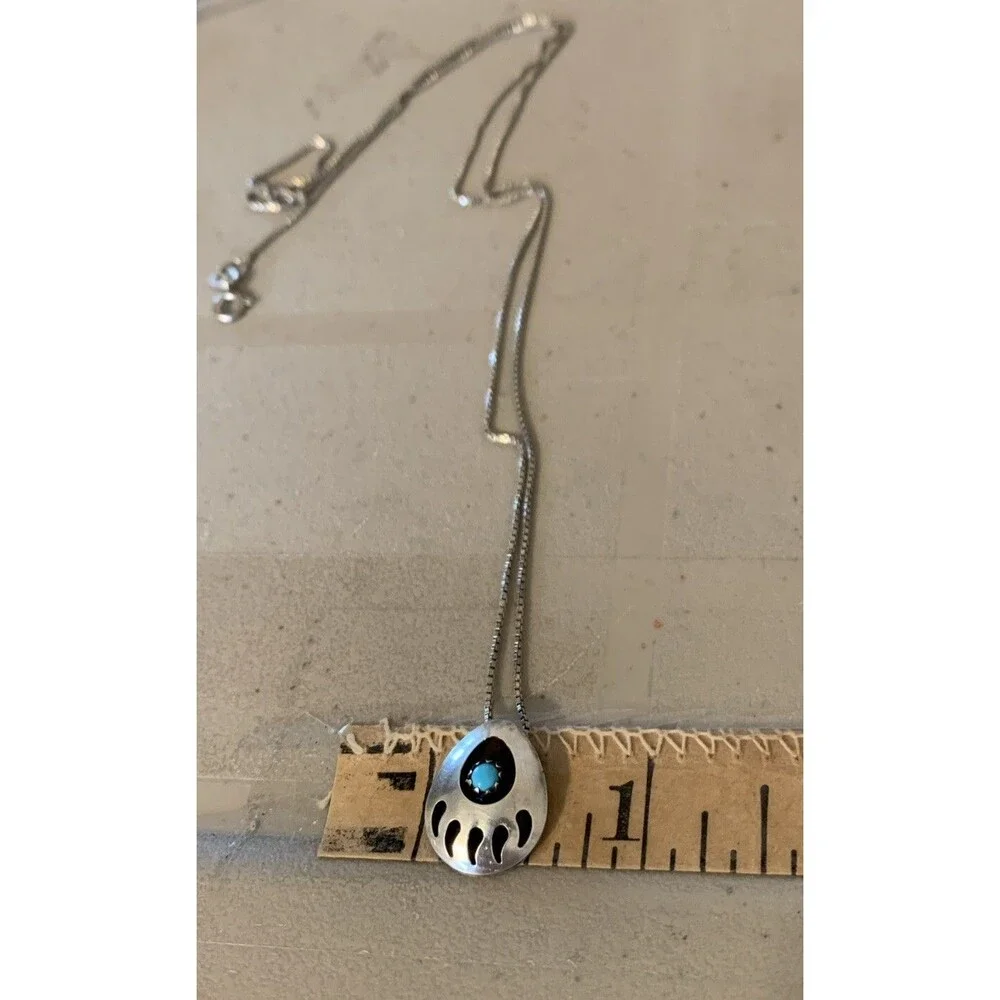 Sterling Silver Bear Paw Turquoise Necklace 21.5” Southwest Style